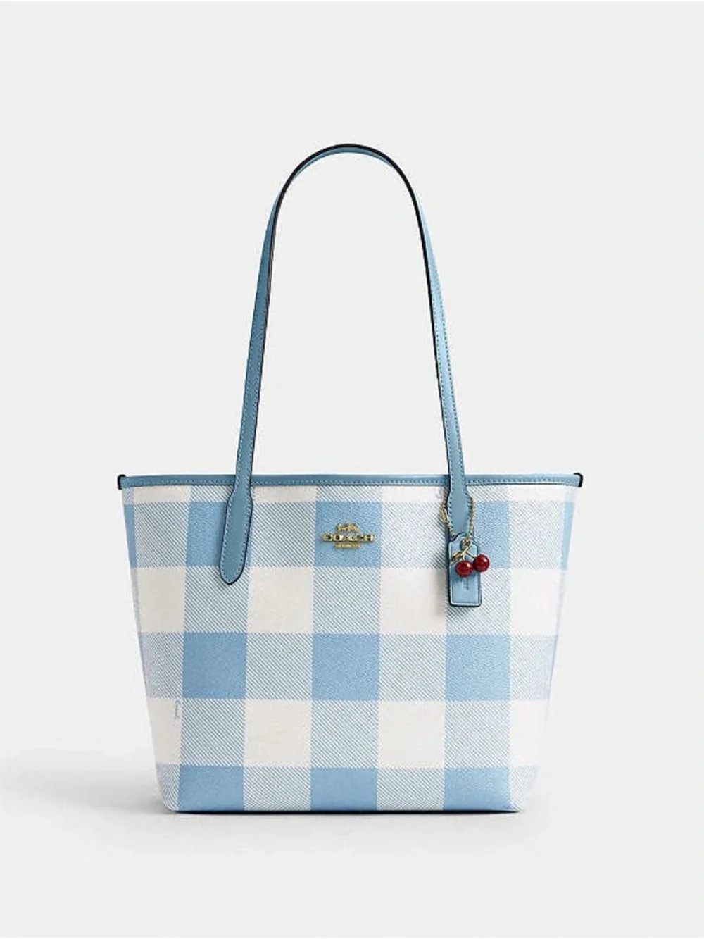 Coach Medium City Tote Bag: Blue & White Gingham Print With Cherry Bag Charm
